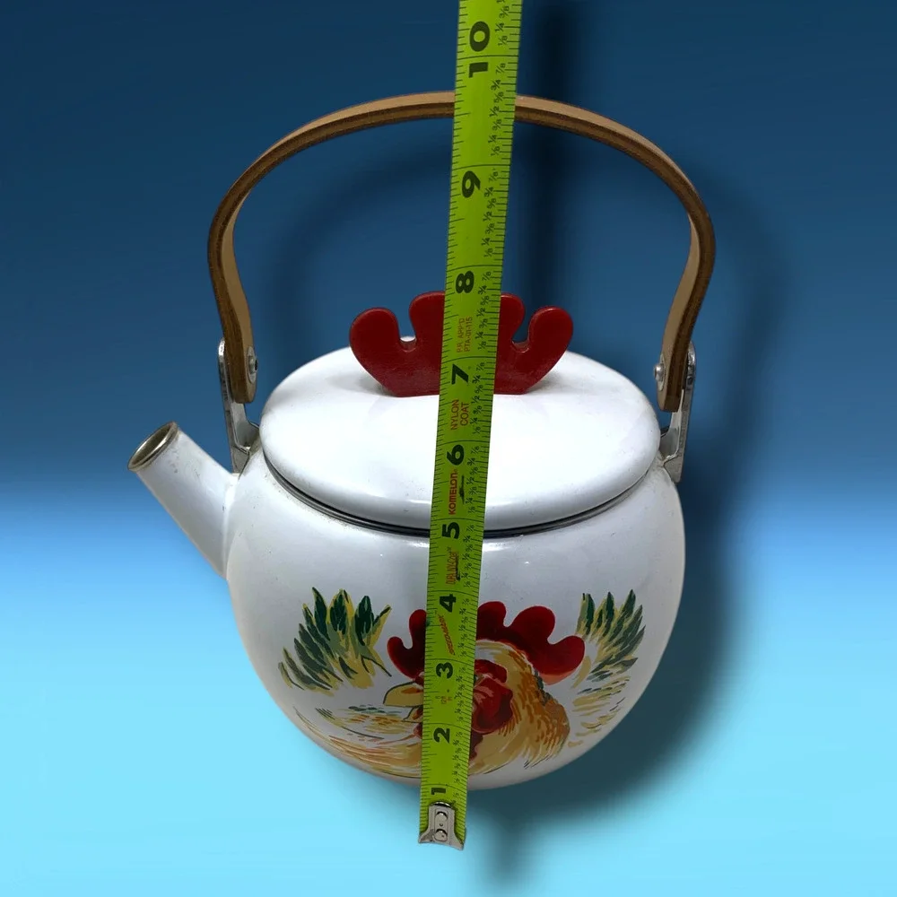 Vintage Rooster Enamel Tea Kettle White Country Farmhouse Wood Handle 8
